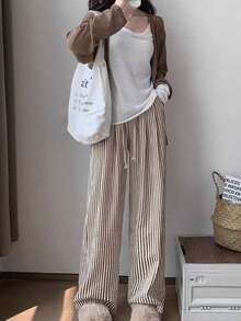 Wide Leg Striped Elastic Palazzo Pants With Pockets - Óxido marrón - Ver 5