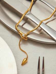 Simple Classic Zirconia Serpentine Necklace 18K Gold Color Plated Stainless Steel Serpentine Chain Stackable Chain Women's - Gold - View 4