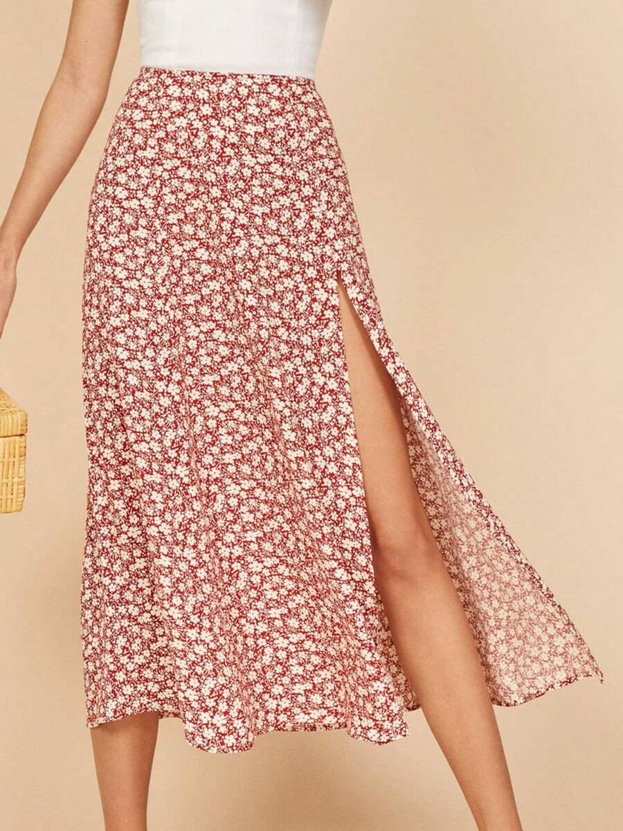 Rosa Lunares Impreso Cintura Alta Estiramiento Envoltura Cadera Split Falda Larga Halter Falda lápiz elástica de cintura alta con estampado de lunares y abertura, falda larga evasé con estampado de leopardo Faldas de Mujer - Rosa - Ver 1