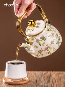 1 buc cafetieră emailată, fierbător, fierbător cu model floral, cafetieră de mare capacitate de 1,2 l, cafetieră cu mâner, cafetieră cu gură îngustă, oală de fierbere, oală de fierbere acasă, ceainic, potrivit pentru aragaz electric, prepararea cafelei sau a ceaiului pe gaz