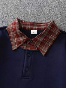 男士长袖撞色格子Polo衫，宽松休闲运动学院风，适合春秋季穿着 - 藏蓝色 - 查看 3