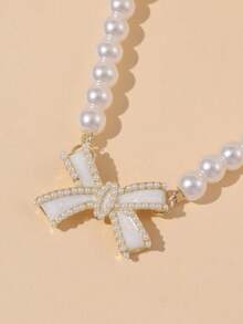 3 件套时尚简约珍珠蝴蝶结耳环和项链首饰套装，适合女孩的礼物