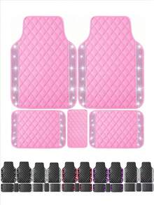 2件/3件/5件套亮面汽车脚垫 - 菱形绗缝皮革材质 | 防滑脚跟垫，防水 | 通用型，适用于轿车、SUV、卡车、轿车 | 女性及女孩的理想之选 - 款式A - 查看 2