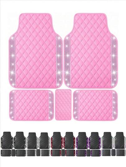 2 PEZZI/3 PEZZI/5 PEZZI Set completo di tappetini per auto con brillantini - Diamante Strass con tessuto in pelle trapuntata | Tappetino antiscivolo per tacco, impermeabile | Adatto universalmente per auto, SUV, camion, berline | Ideale per donne e ragazze