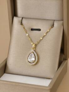 1 件时尚方晶锆石泪滴形不锈钢女士项链，1 对时尚方晶锆石泪滴形不锈钢女士耳环，防水不锈钢首饰，金色首饰，金耳环，高品质镀金首饰，秋季耳环 - 金黃色 - 查看 5