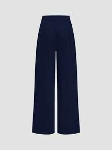 欧美时尚女士休闲条纹高腰阔腿直筒裤 - 藏蓝色 - 查看 2