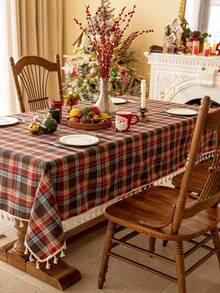 1pc Christmas Plaid Tablecloth, Tassel Decor, Retro Brown-Red Plaid, Brushed Woven Fabric, Rectangular, Washable, Suitable For Coffee Table, Bedside Cabinet, Dining Table Decor, Suitable For Home Kitchen, Party Dinner, Holiday Party Decor, Christmas, New Year, Autumn Decoration
