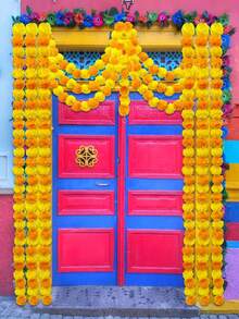 1 pieza/2 piezas/3 piezas/4 piezas Guirnalda de caléndula para decoración, 5 pies de largos hilos artificiales de flores de caléndula amarillas y naranjas para decoración del hogar para Diwali, Pooja, Día de los Muertos, bodas y eventos navideños