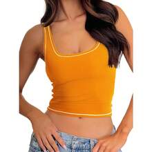 Women Rib Tank Top Padded Workout Top Square Neck Crop Tank Fitted Basic Cami Tops - Neon Marigold - View 1