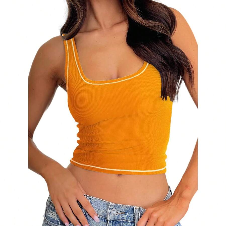 Women Rib Tank Top Padded Workout Top Square Neck Crop Tank Fitted Basic Cami Tops - Neon Marigold - View 1