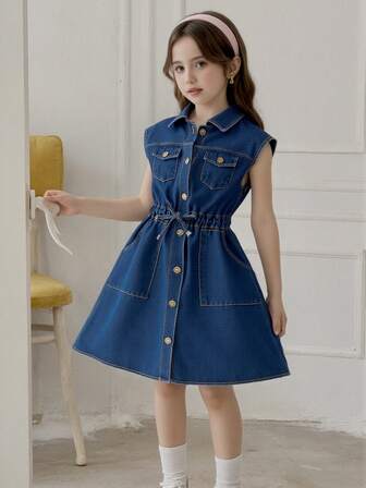 Girls' Fashionable Denim Dress, Blue Denim Collar Dress, Stylish Outfit, Suitable For Girls' Casual Daily Wear In Summer