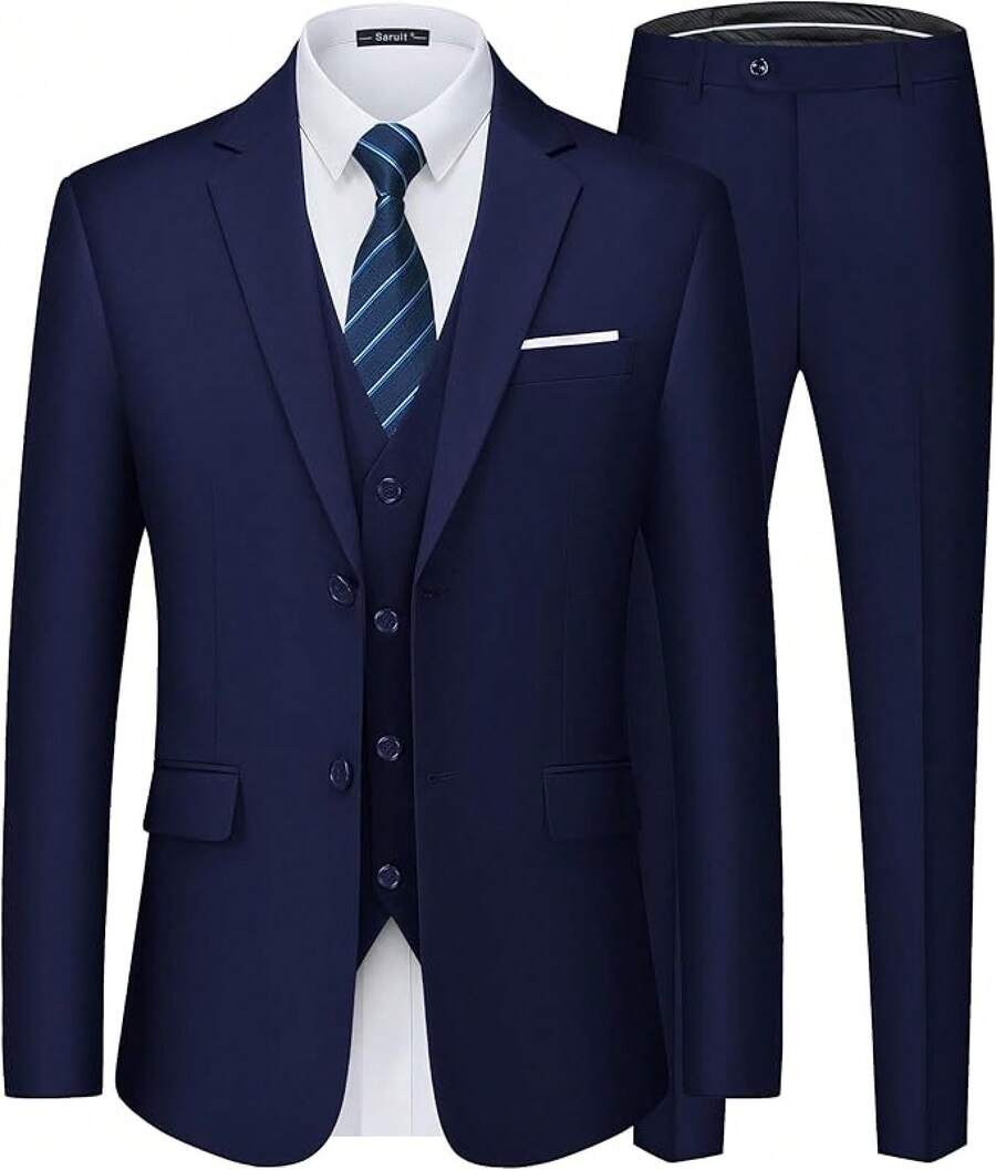 Men's Suits Tuxedo Suit Set 3 Piece 2-Button Solid Prom Wedding Party Vest PantsChristmas WW7J - Màu xanh hải quân - Xem 1