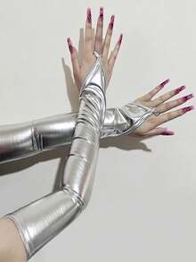 1 双女士 PU 长臂露指手套，闪亮长袖手套，适合派对