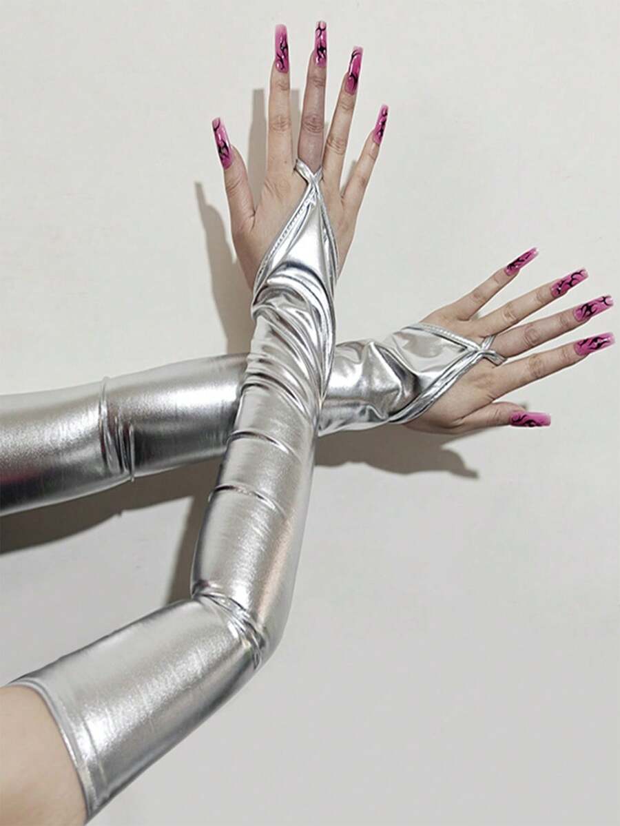 1 双女士 PU 长臂露指手套，闪亮长袖手套，适合派对