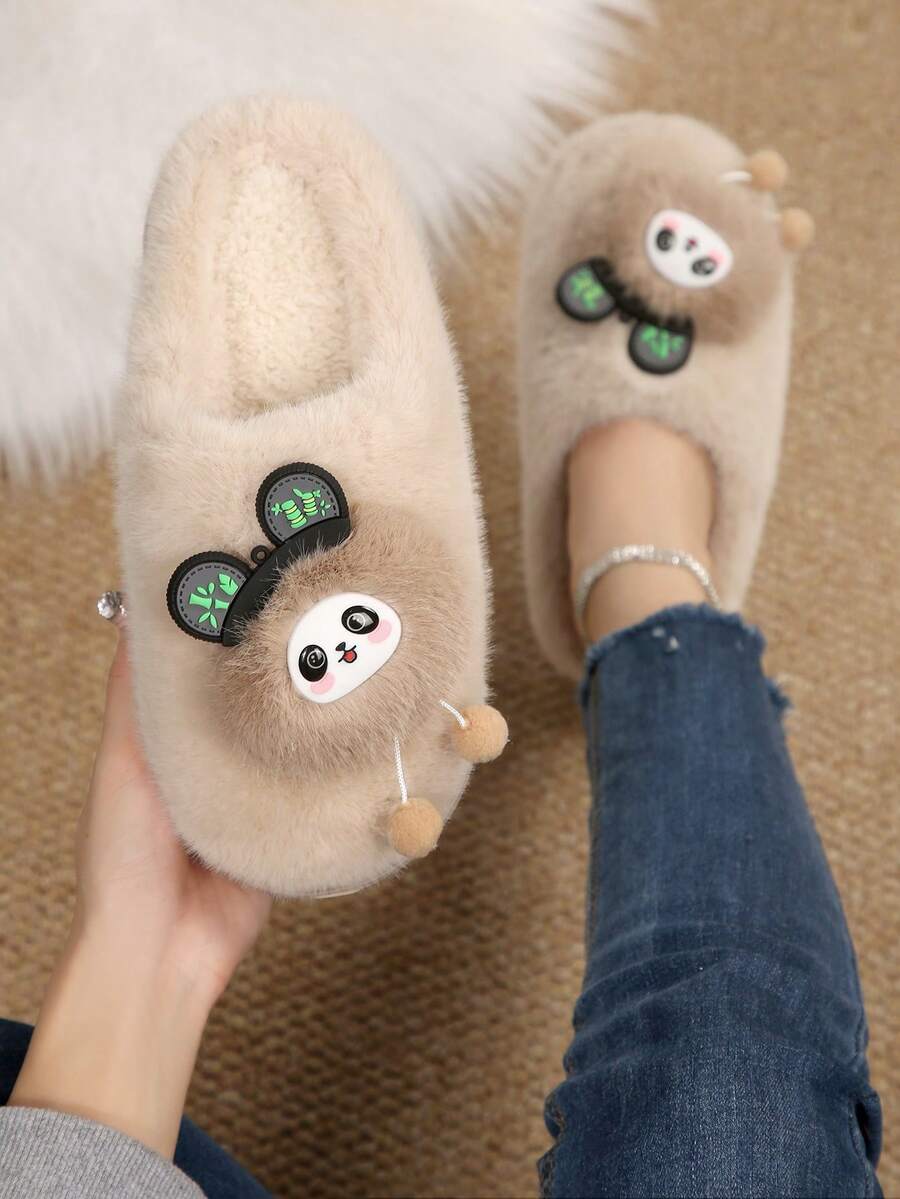 女式卡其色新款时尚舒适圆头仿皮草一脚蹬休闲卡通娃娃装饰室内拖鞋，柔软保暖，适合秋冬季 - 卡其色 - 查看 1