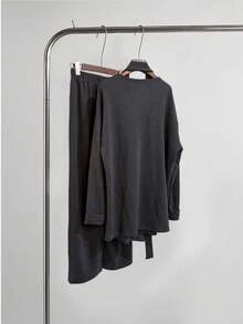 Women's Elegant 2 Pieces Set, Notched Neck Tie Front Loose Fit, Slightly Stretchy Fabric, Suitable For Winter Wear - Dark Grey - View 9