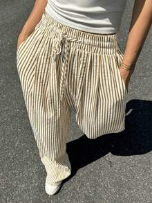 Wide Leg Striped Elastic Palazzo Pants With Pockets - 米色 - 查看 2