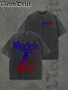 Y2K, Cool,UFO,Outdoor Sport,Modern Streets,Fashionable Pure Cotton Vintage Washed Men's T-Shirt, A Surprise Gift For Family And Friends, With Drooping Shoulder Sleeves And Round Neck,High-Quality Batik Cotton Retro Fashion Brand T-Shirt,A Certain Thickness Suitable For Summer T-Shirts, Holiday Gifts. - 黑色 - 查看 1