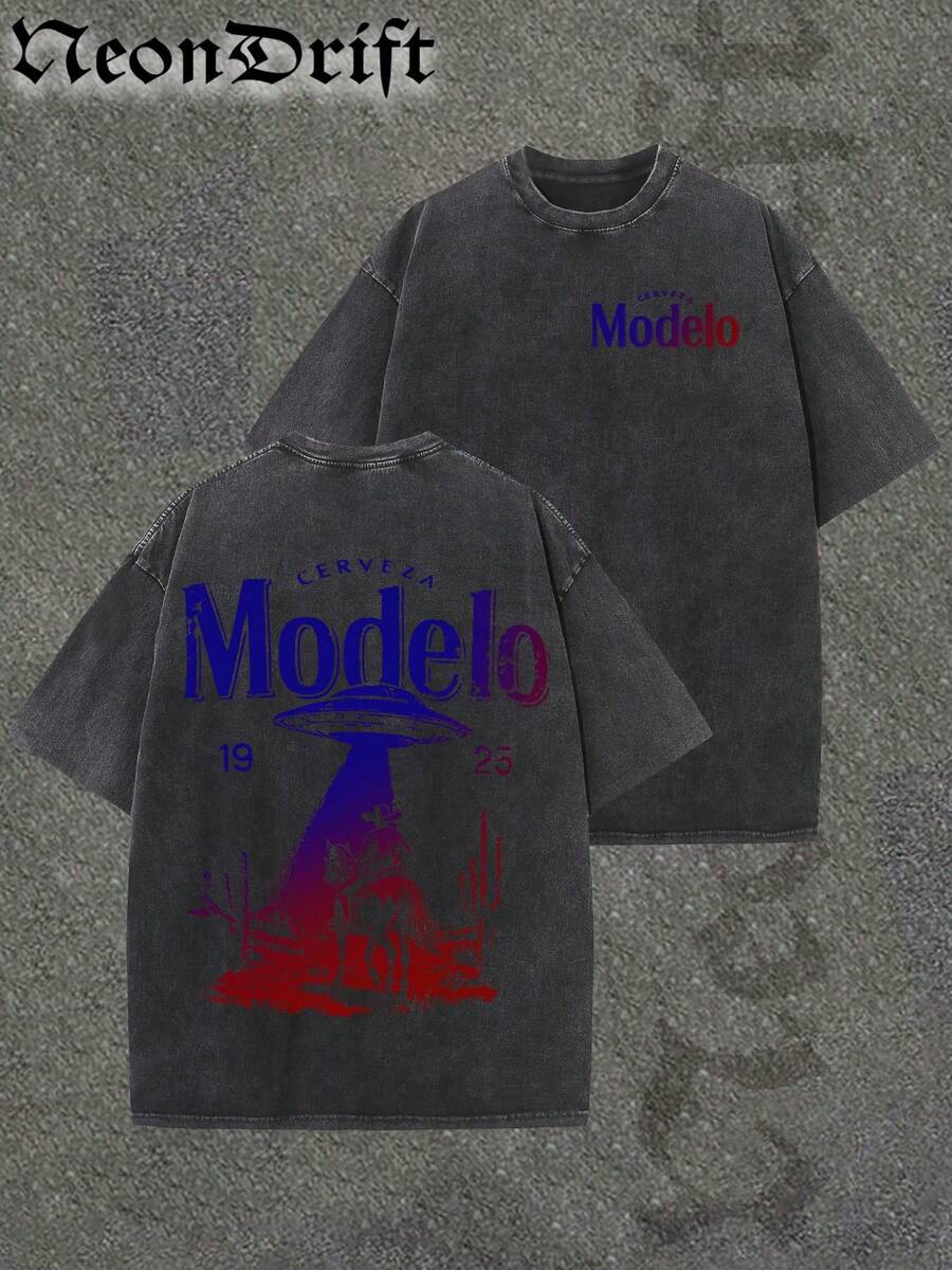 Y2K, Cool,UFO,Outdoor Sport,Modern Streets,Fashionable Pure Cotton Vintage Washed Men's T-Shirt, A Surprise Gift For Family And Friends, With Drooping Shoulder Sleeves And Round Neck,High-Quality Batik Cotton Retro Fashion Brand T-Shirt,A Certain Thickness Suitable For Summer T-Shirts, Holiday Gifts. - 黑色 - 查看 1