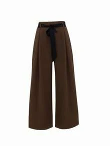 بنطلون نسائي واسع الساق من قماش منسوج أحادي اللون، مناسب للارتداء اليومي والسفر عبر المطار، مناسب للربيع والصيف