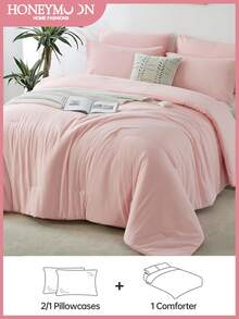 2/3pcs Luxury Soft Bed In A Bag Comforter Set, Solid Breathable Quilted Style Bedding Sets For All Season (1 Comforter & 1/2 Pillowcases), Gifts For The Family, Baby Pink