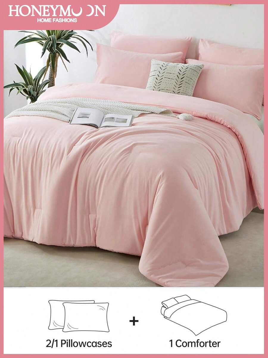 2/3pcs Luxury Soft Bed In A Bag Comforter Set, Solid Breathable Quilted Style Bedding Sets For All Season (1 Comforter & 1/2 Pillowcases), Gifts For The Family, Baby Pink