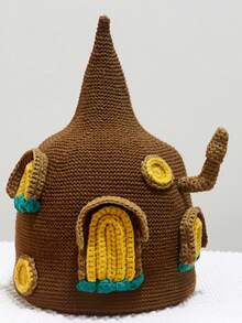 1 Piece Ladies' Hat Crochet Castle-Themed Hat With Yellow & Teal Accents, Brown Knitted Beanie For Cosplay & Winter Wear