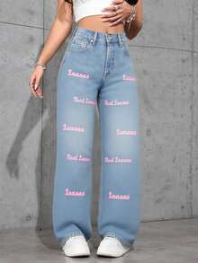 Jeans casuales de uso diario de ajuste regular para mujer, Jeans para mujer, Jeans holgados para mujer, Vaquera, Día de San Patricio, Ropa de calle para mujer, Jeans holgados brillantes, Pantalones de pierna ancha - Azul lavado medio - Ver 2
