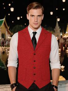 Retro Men's Western Cowboy Suit Vest Slim Fit V Neck Suede Leather Dress Vests Vintage Prom Wedding Casual Waistcoat - 紅色 - 查看 6