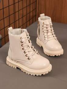 女童靴子，米色侧拉链前系带靴，公主风真皮踝靴，2025秋冬新款 - 米色 - 查看 1