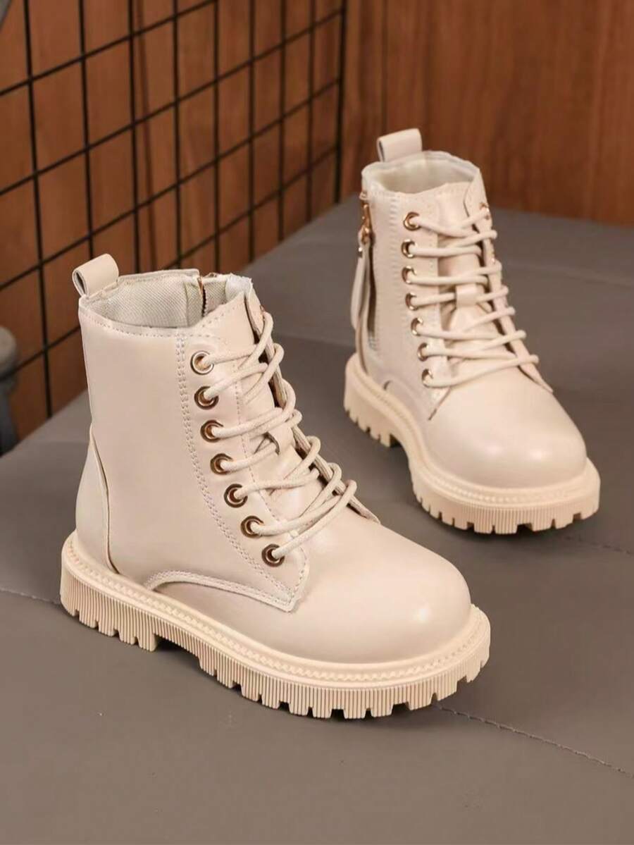 女童靴子，米色侧拉链前系带靴，公主风真皮踝靴，2025秋冬新款 - 米色 - 查看 1