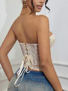 Apperloth A Y2K 花卉刺繡束胸衣，半透網紗前襟、後背鉤扣繫帶露背式 Bustier，適合外出、萬聖節裝扮、夏季穿著 - 杏色 - 查看 2