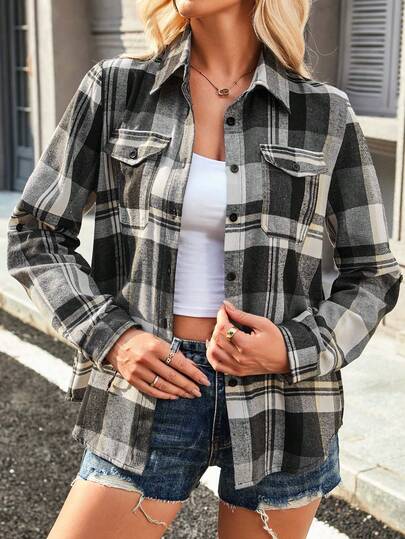 Women's Brushed Plaid Pocket Cuff Polyester Casual Shirt, Collegiate Style For Commuting And Vacation, Turndown Collar, Autumn/Winter