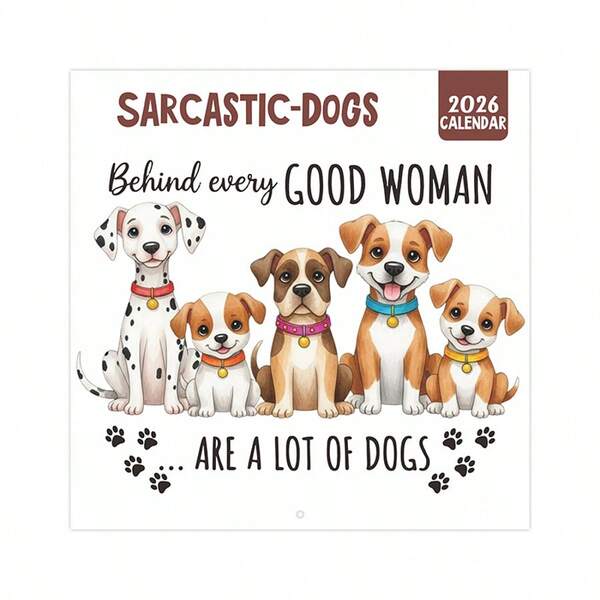 2026 Satirical Dog Calendar - "Behind Every Successful Woman Is A Lot Of Dogs", Featuring Cute Dog Illustrations, Monthly View, Paper Material, English Text, Dog Decor