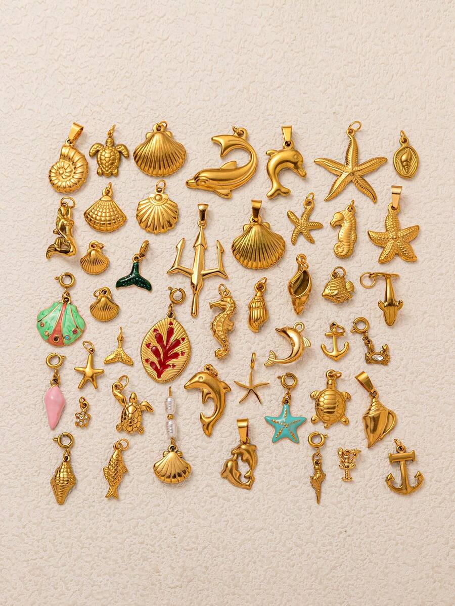 1 件动物系列海豚海龟鱼海马贝壳海螺鲸鱼蝎子不锈钢 DIY 吊坠，镀 18K 金，DIY 珠宝配饰项链配饰、手链配饰、钥匙扣配饰，易于搭配，适合日常休闲节日作为精美的护身符吊坠，适合送给妻子和母亲。 - 金色 - 查看 1