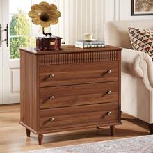 31.5" Oversized Nightstand With 3 Drawers, Farmhouse Bedside Table With Mental Handles For Bedroom And Home, Brown - 棕色 - 查看 9