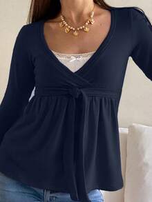 Women Y2K Babydoll Knit Tops Long Sleeve Lace Patchwork Low Cut Peplum Sweater Fairy Vintage 90s Coquette Blouse - 藍色 - 查看 4