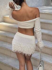 Y2K Women's 2 Pieces Set: Knit Crop Top With Off-Shoulder Boat Neck, Long Sleeve, Fringe Cuffs, Paired With Fringe Mini Skirt. Perfect For Cocktail Parties, Festivals, Concerts, Summer Vacations, Beach Getaways, And Western Swing Dances. - Apricot - View 3