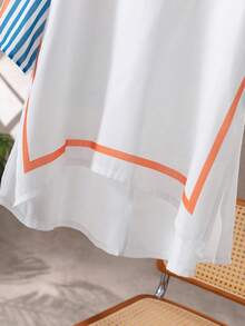 2pcs Women Casual Striped Print Off Shoulder Top With Slit Sleeve And Wide Leg Pants, Bohemian Style - Orange - View 8