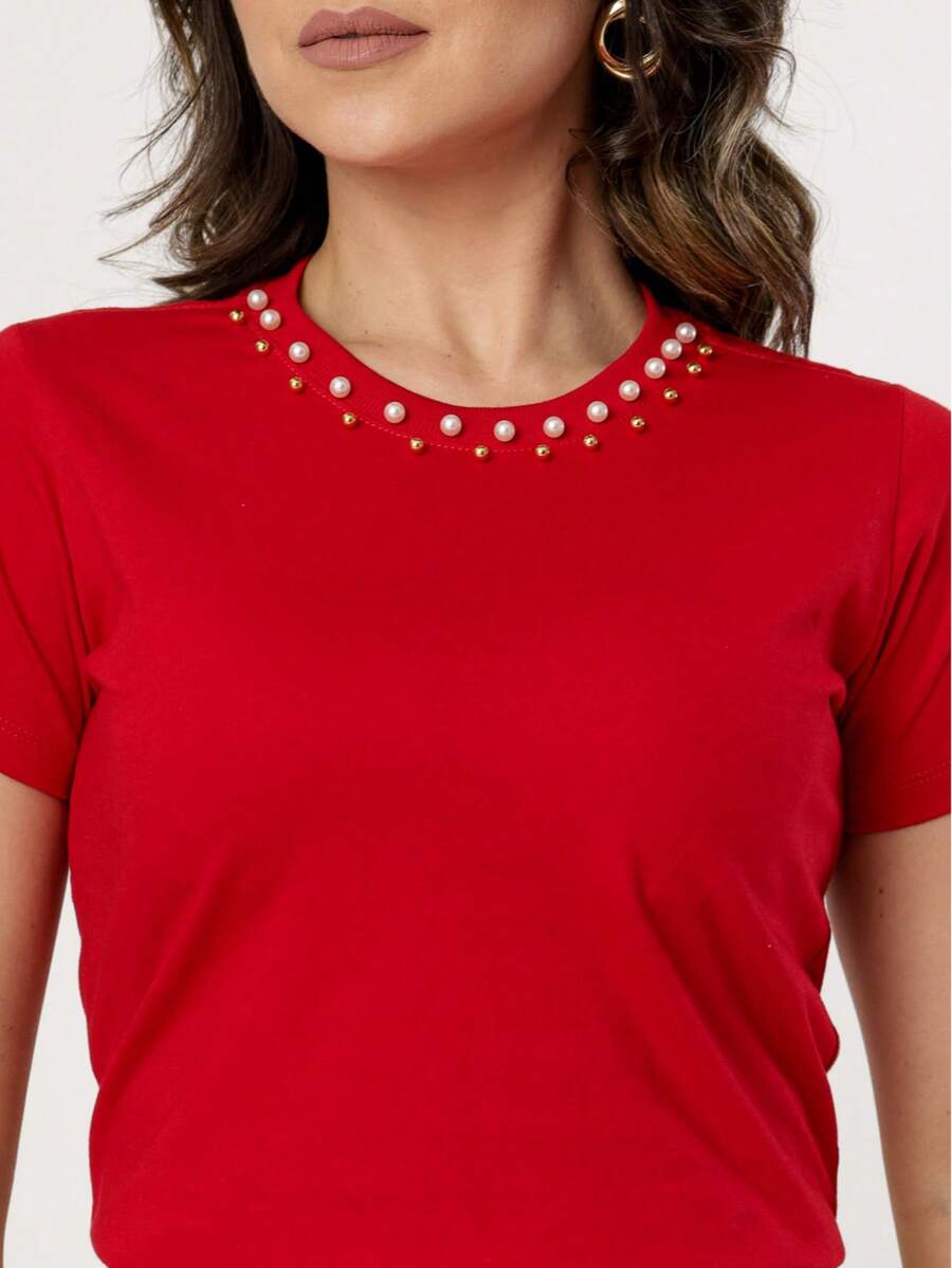 Cotton T-Shirt Blouse With Multiple Pearl Applique - Red - View 1