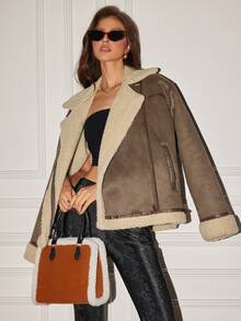 女士休闲直肩翻领扣宽松长袖金属拉链口袋常规棉夹克厚衬里派克大衣，秋冬 - 棕色 - 查看 1