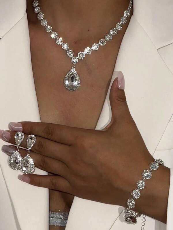 3pcs Rhinestone Tassel Bridal Jewelry Set - Necklace, Earrings, Bracelet, Suitable For Wedding, Party Dress