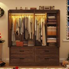 Farmhouse 3/4 Doors Armoire Wardrobe Closet W/Folding Sliding Barn Door And Lights, LED Armoire Closet W/Drawers For Bedroom, Freestanding Wooden Wardrobe Storage Closets W/Hanging Rod - 棕色 - 查看 7