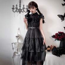 星期三亚当斯吸血鬼新娘哥特式角色扮演服装，万圣节深色迷你连衣裙