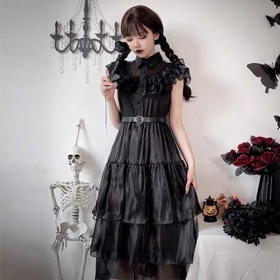 星期三亚当斯吸血鬼新娘哥特式角色扮演服装，万圣节深色迷你连衣裙