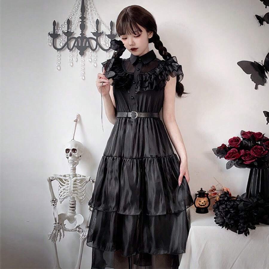 星期三亚当斯吸血鬼新娘哥特式角色扮演服装，万圣节深色迷你连衣裙