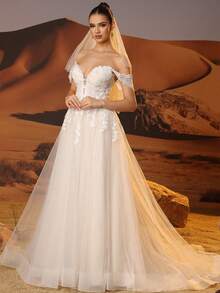 Elasola فستان زفاف بياقة عارية الكتفين وياقة عميقة على شكل حرف V مزين بالدانتيل، فستان كرة ذو تنورة رومانسية من التول للعرائس للحفلات الخارجية والحدائق، فستان زفاف للعروس مزين بالدانتيل وله ذيل، باللون العاجي من التول