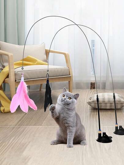 Brinquedo para gatos Feather Teaser com ventosa forte removível, sucção super forte, firmemente o chão. Brinquedos interativos para gatos são adequados para gatos brincarem e se exercitarem em ambientes fechados, sem bateria.