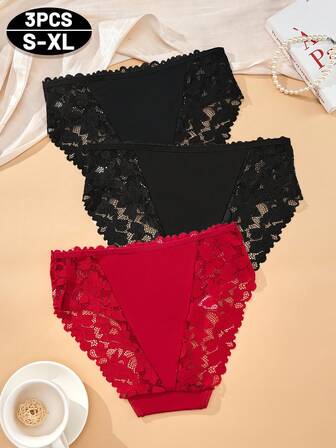 3pcs Comfortable Breathable Stretch Solid Color Lace Patchwork Women's Briefs