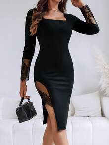 ChicMe Women Square Neck Long Sleeve Lace Patchwork Slit Dress Asymmetrical Hem Bodycon Sexy Chic Evening Party Dress - Black - View 3